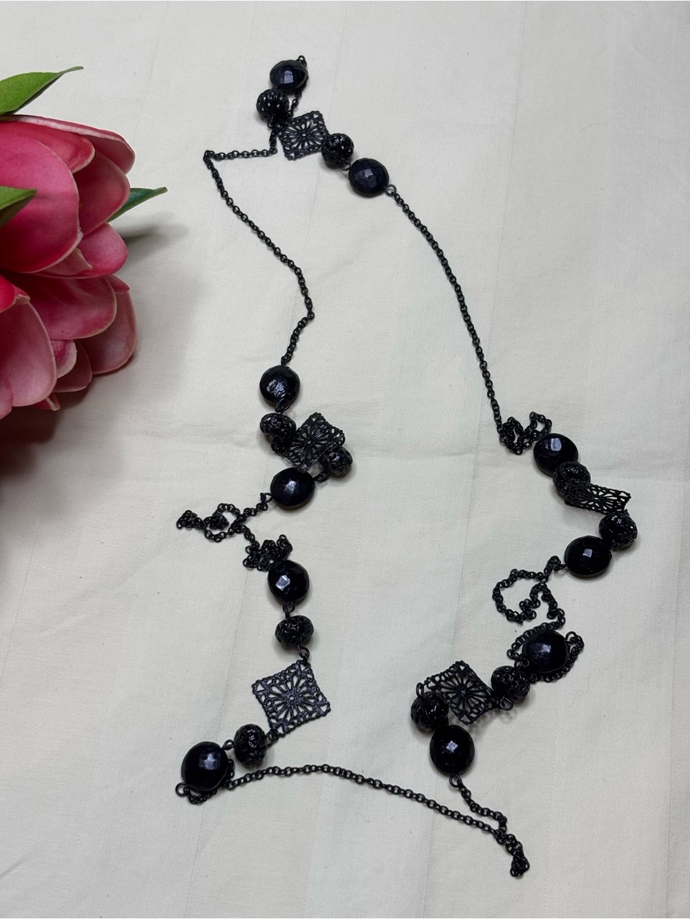 Gothic Black Filigree Station Long Chain Necklace Diamond Lace
Beads Whimsigoth